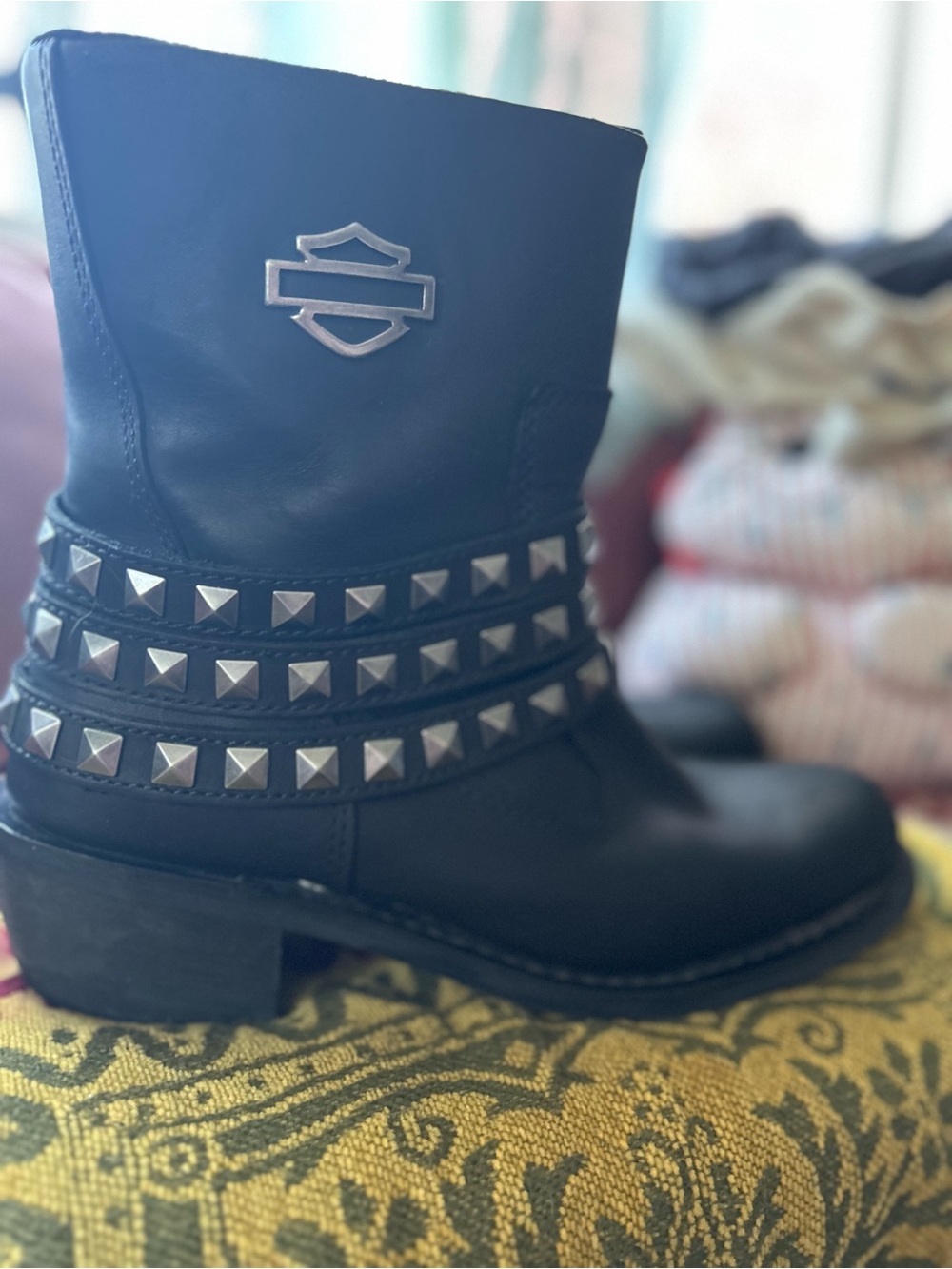 Harley-Davidson Black Leather Studded Biker Boot with Silver Accents